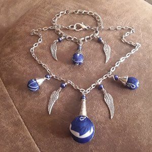 Boho blue bandana fabric beads choker 16" and charms bracelet .